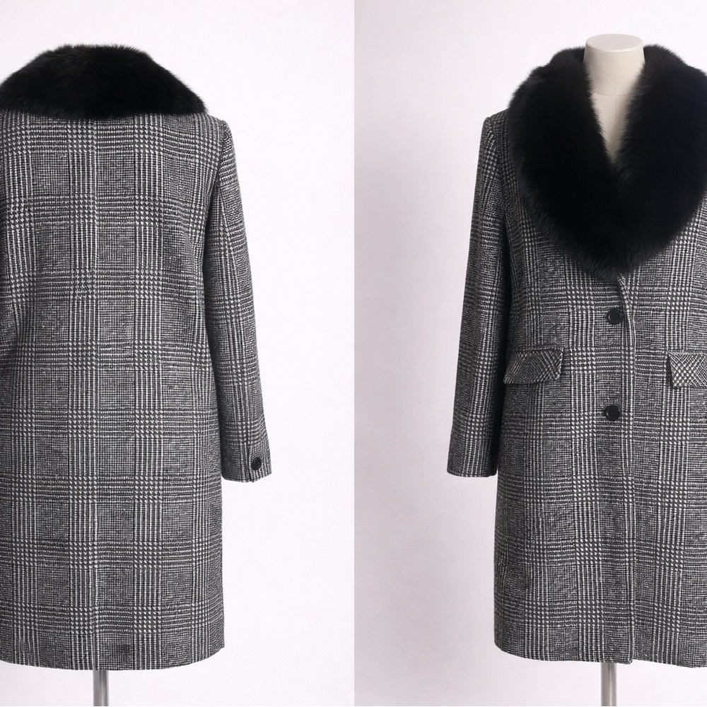 Women's Black and Gray Plaid Coat with Genuine Dyed Fox Collar